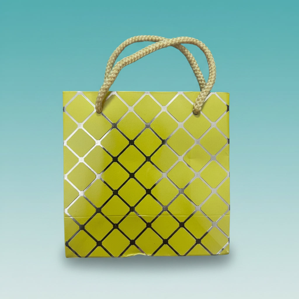 Yellow With Golden Checks Mini Paper Bag 12.5*12.5 cm by Gift Hub Mart