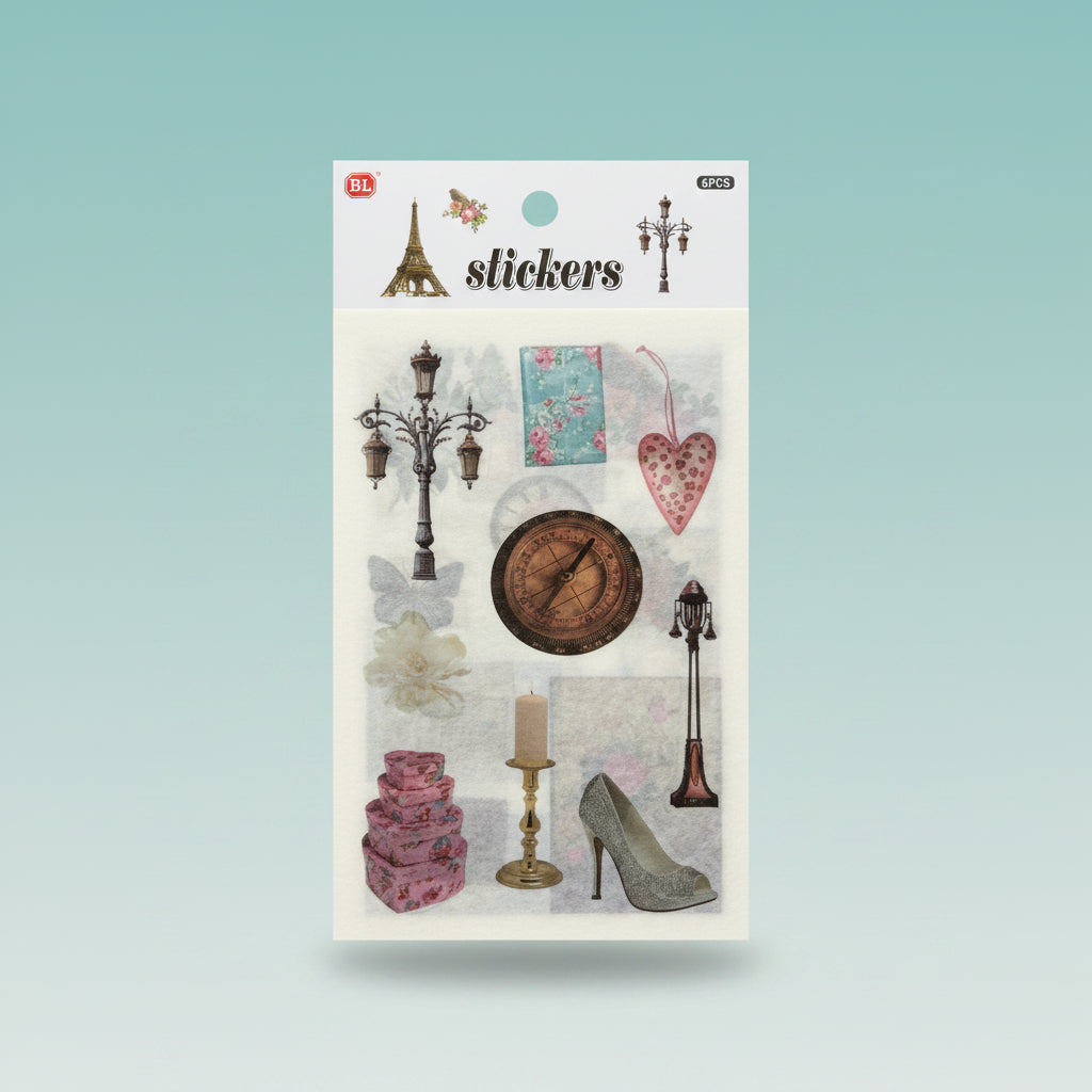 Gift Hub Mart Fancy Sticker A6 sheet (6 pcs) with Eiffel Tower and vintage lamp designs