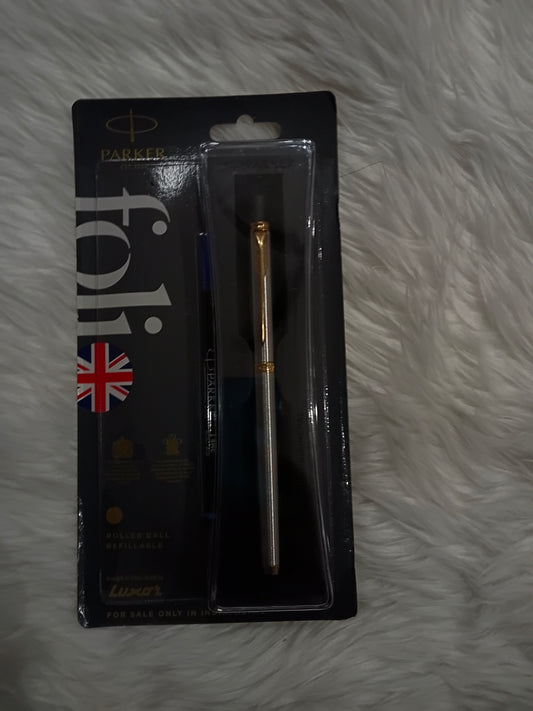 Parker Folio Stainless Steel Gold Trim Roller Ball Pen