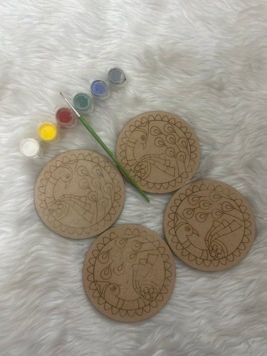 MDF Painting Kit Round Peacock- 4Inch, 4Pc Set
