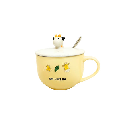 Cute Giraffe Ceramic Cup with 3D Character Lid and Spoon