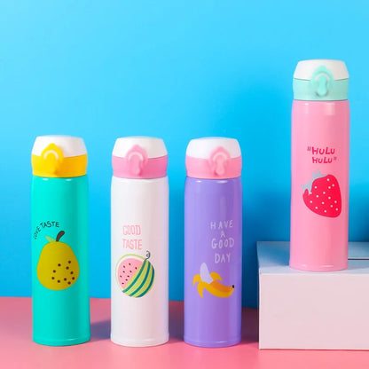 Insulated Stainless Steel Push Water Bottle Pastel Colour with Fruit Theme