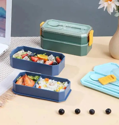 Double Decker Monochrome 2 Layer Lunch Box With Cutlery - BPA Free Plastic