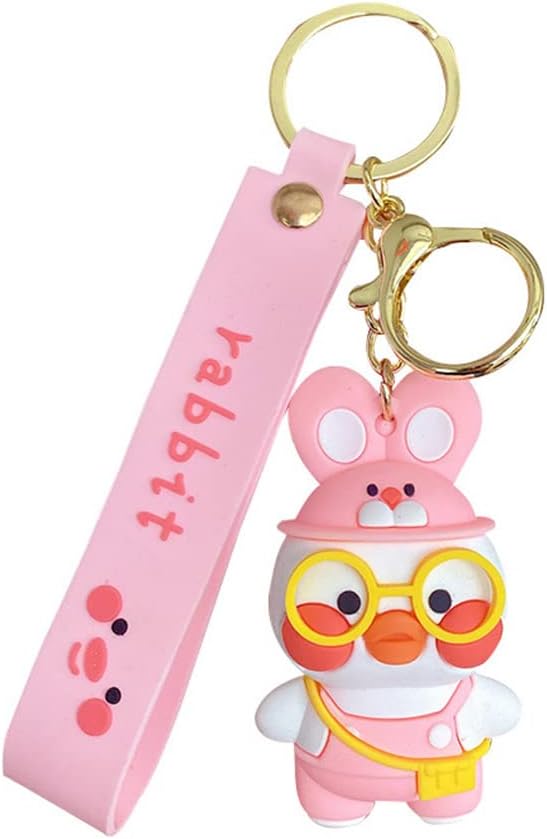 Cartoon Glasses Duck 3D Character Rubber Keychain with Wristband