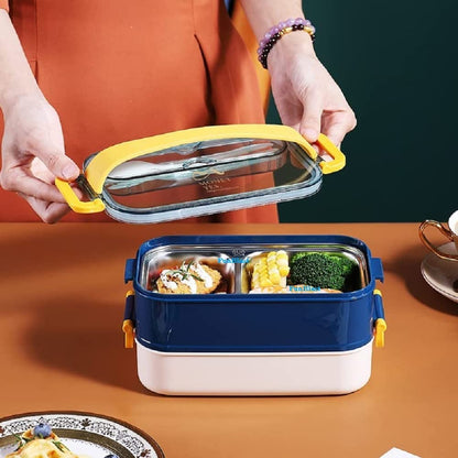 Stainless Steel Double Decker Bento Lunch Box with Handle - Leak Proof Lunch Box with Fork & Spoon (3 Compartment)