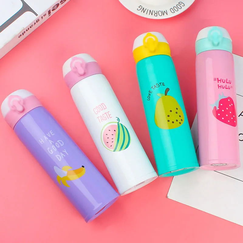 Insulated Stainless Steel Push Water Bottle Pastel Colour with Fruit Theme