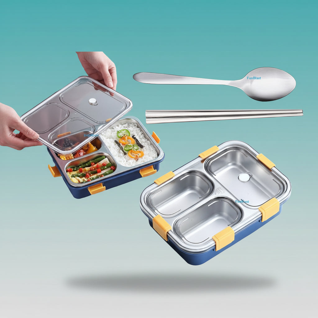 3 Compartment Steel Lunch Box with Spoon & Fork (Gibo) by Gifthubmart