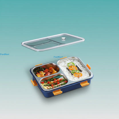 3 Compartment Steel Lunch Box with Spoon & Fork (Gibo) by Gifthubmart