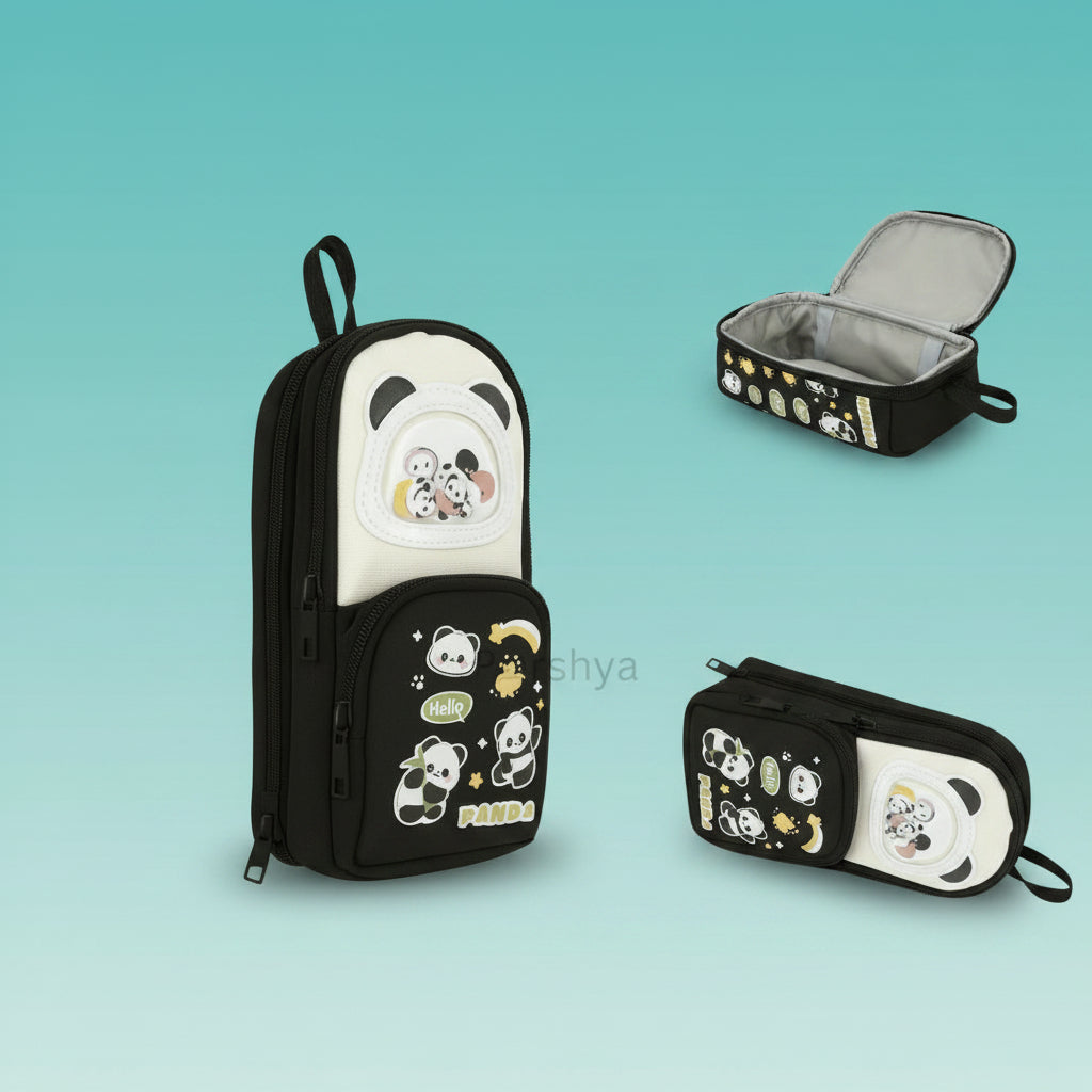 3 Pocket Panda Black Pencil Case by Gift Hub Mart