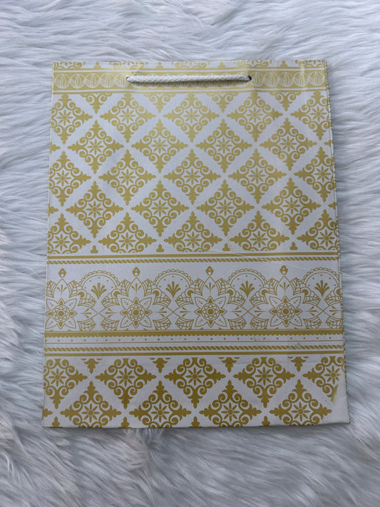 Paper Bag Small White & Golden Rhombus Floral Design
