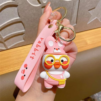 Cartoon Glasses Duck 3D Character Rubber Keychain with Wristband