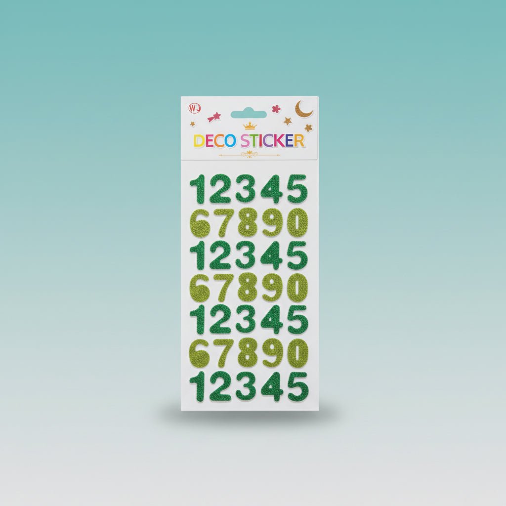 Gift Hub Mart 3D Deco Sticker set: green glitter numbers 0–9 on a sticker sheet.