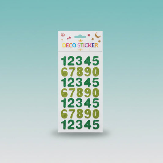 Gift Hub Mart 3D Deco Sticker set: green glitter numbers 0–9 on a sticker sheet.