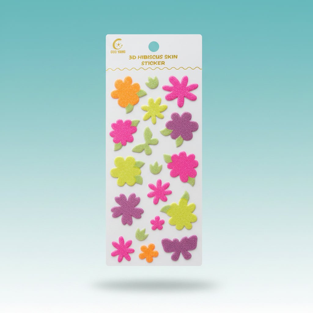 Gift Hub Mart 3D Neon Glitter Hibiscus Sticker sheet with colorful flower and leaf designs
