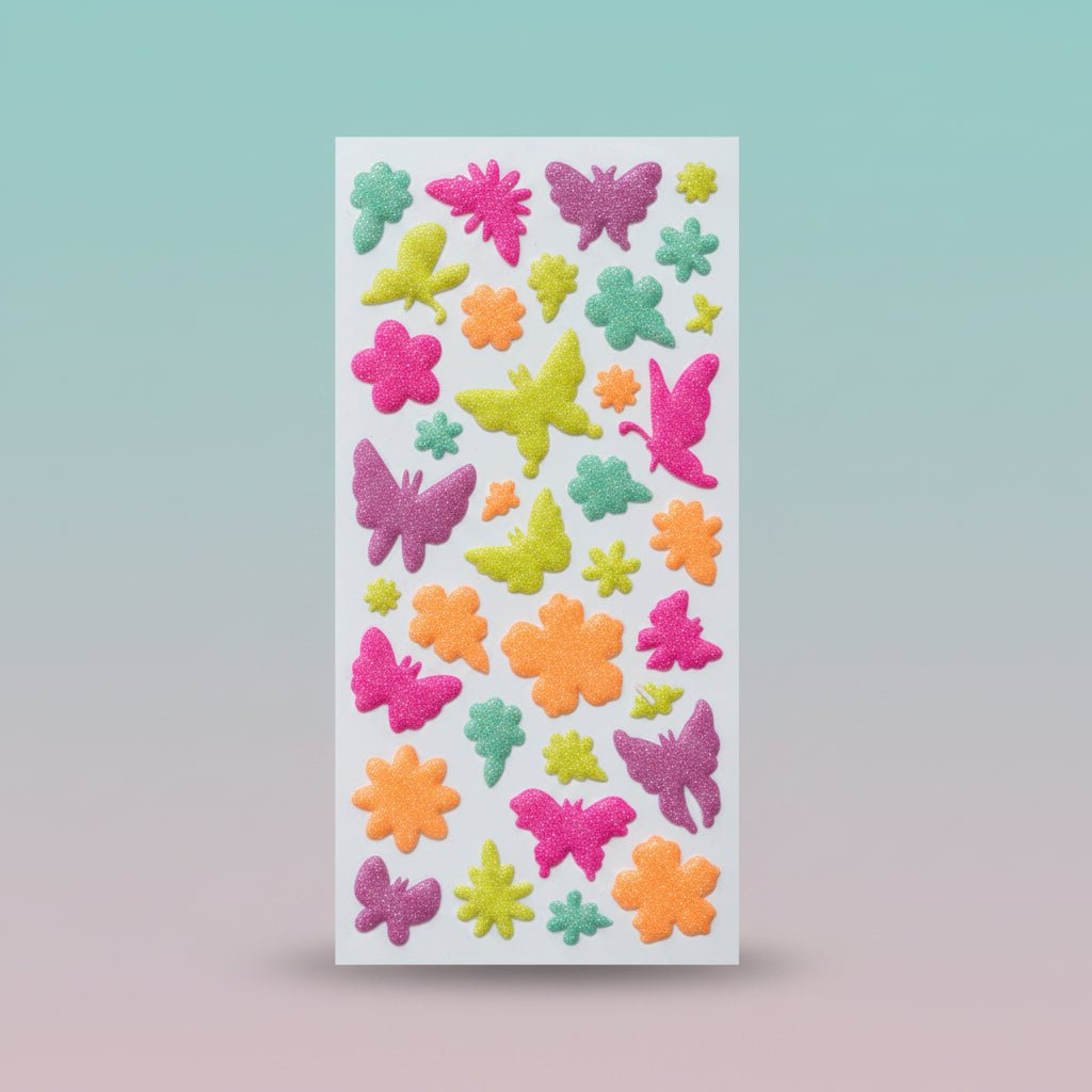 3D Neon Glitter Sticker sheet featuring hibiscus flowers and butterflies in bright pink, green, yellow, orange — Gift Hub Mart.