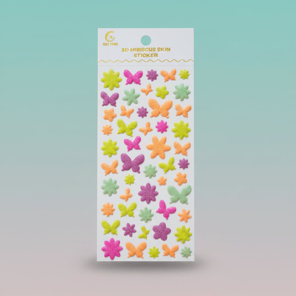 3D Neon Glitter Sticker sheet from Gift Hub Mart with colorful flower and butterfly shapes