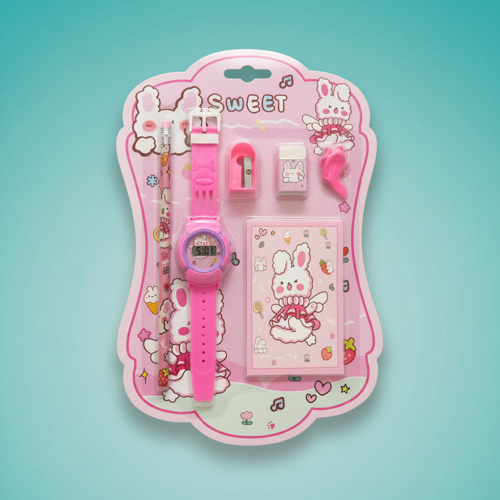 Hello Stationery Set With Watch - Gift Hub Mart pink stationery set