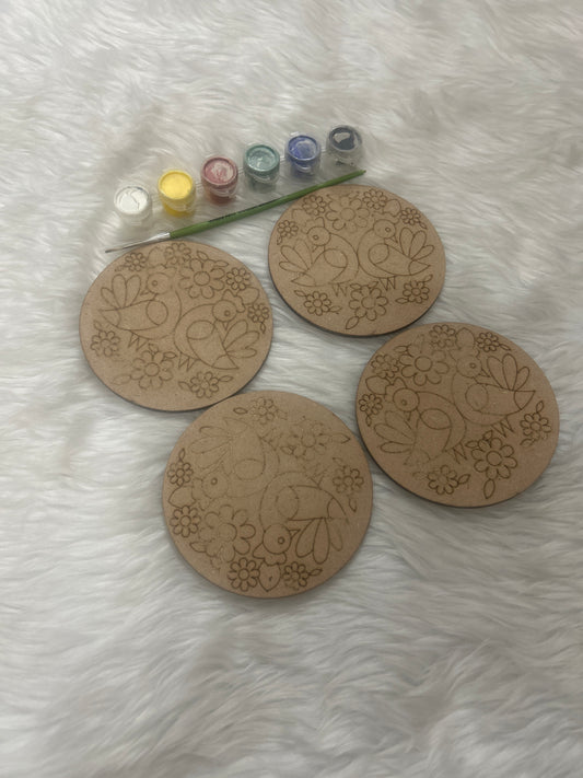 MDF Painting Kit Round Bird Pair- 4Inch, 4Pc Set