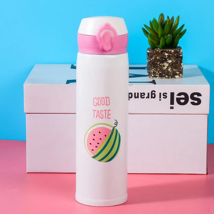 Insulated Stainless Steel Push Water Bottle Pastel Colour with Fruit Theme