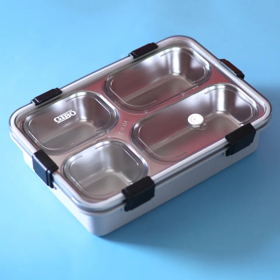 4 Compartment Steel Lunch Box leakproof with Spoon & Fork