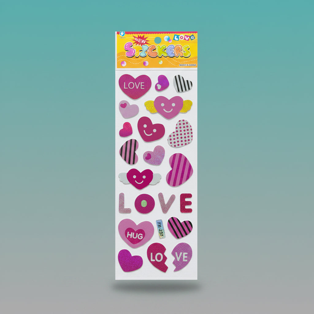 MRP10 Stickers sheet from Gift Hub Mart with pink hearts, LOVE letters and glitter accents
