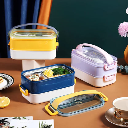 Stainless Steel Double Decker Bento Lunch Box with Handle - Leak Proof Lunch Box with Fork & Spoon (3 Compartment)