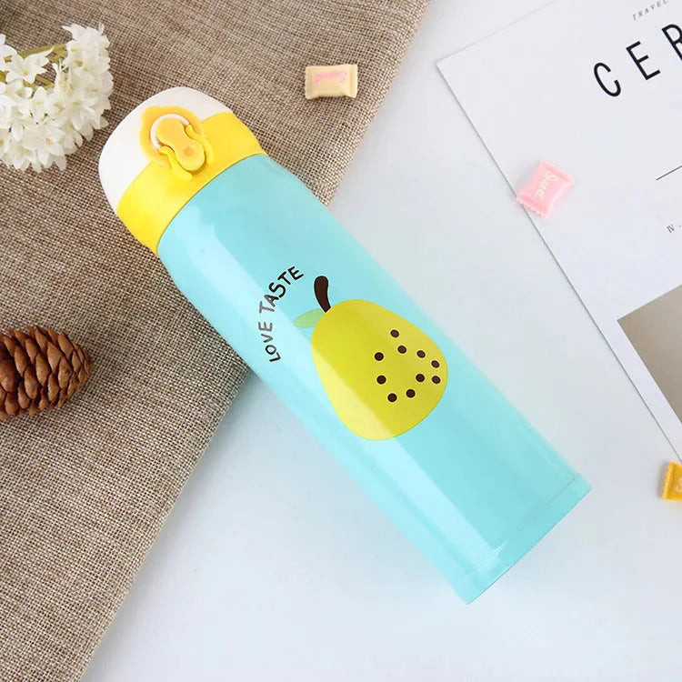 Insulated Stainless Steel Push Water Bottle Pastel Colour with Fruit Theme