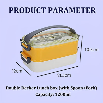 Stainless Steel Double Decker Bento Lunch Box with Handle - Leak Proof Lunch Box with Fork & Spoon (3 Compartment)