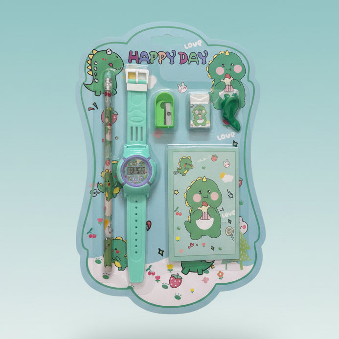 Hello Stationery Set with Watch by Gift Hub Mart – turquoise-green, kid-friendly desk accessories set