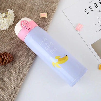 Insulated Stainless Steel Push Water Bottle Pastel Colour with Fruit Theme