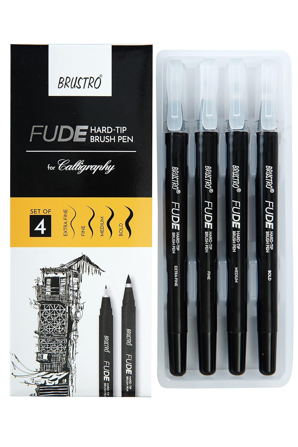 Fude Hard Tip Brush Pen Set of 4- Brustro