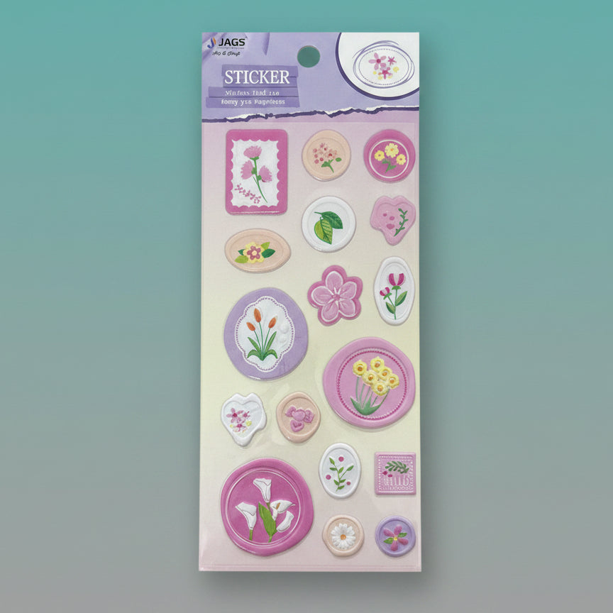 Fancy Sticker-Stamps set by Gift Hub Mart with pastel floral stickers in pinks and purples