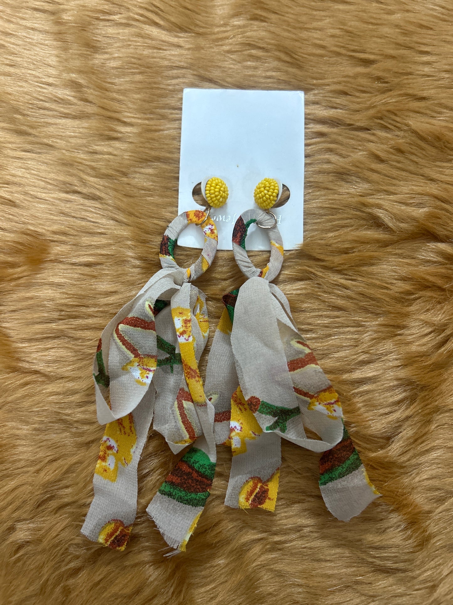 Yellow Beads & Fabric Earrings
