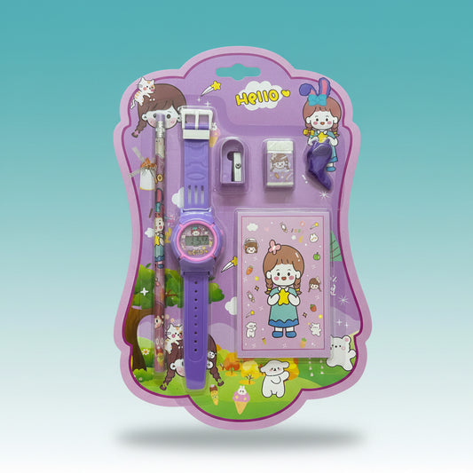Hello Stationery Set With Watch by Gift Hub Mart in purple – cartoon-themed stationery kit