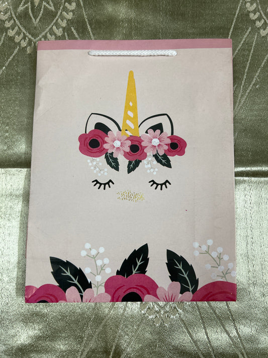 Paper Bag Small- Pale Pink Floral Unicorn Print