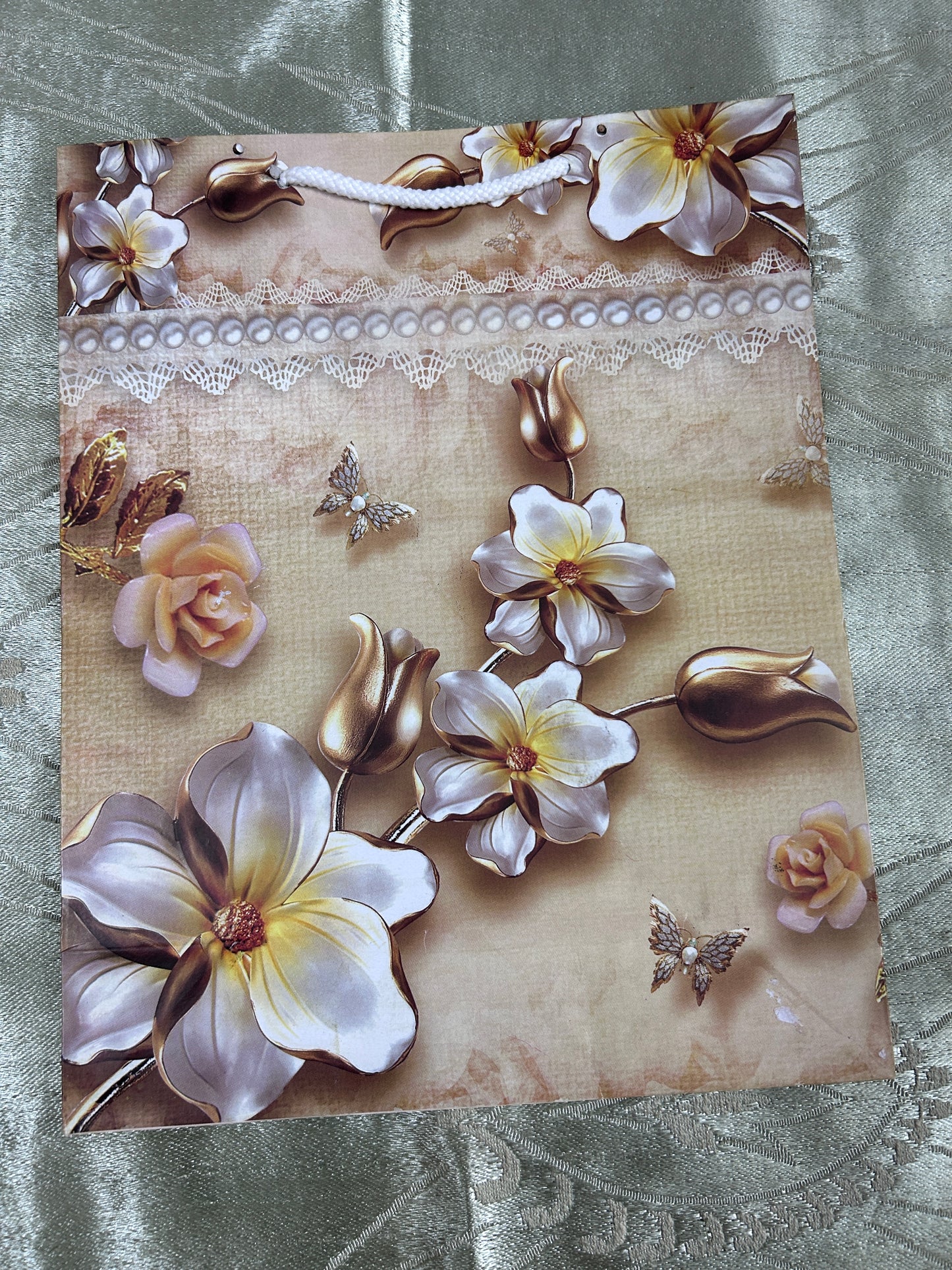 Paper Bag Medium- Light Brown Colour with Rose & Flowers Print