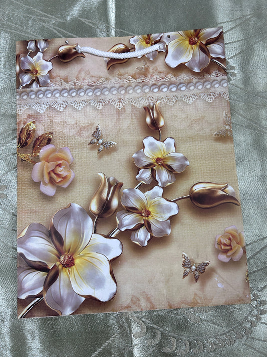 Paper Bag Medium- Light Brown Colour with Rose & Flowers Print