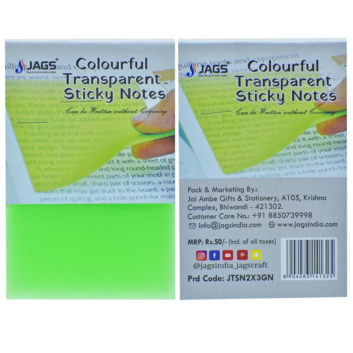 Jags Transparent Sticky Note 50 Sheet 2X3 Green