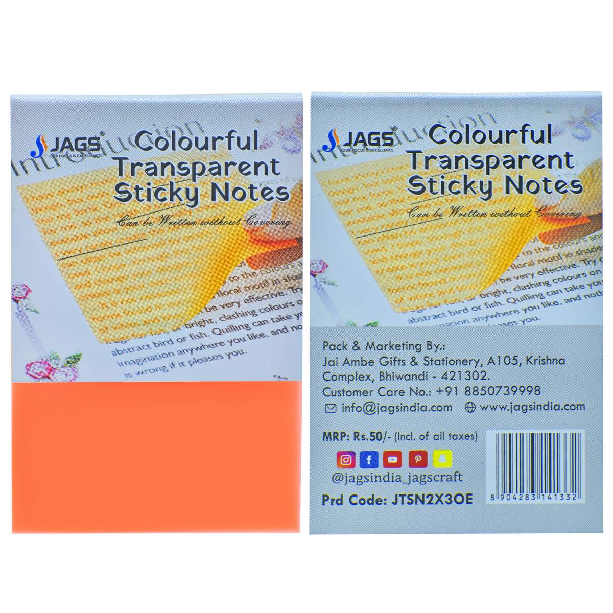 Jags Transparent Sticky Note 50 Sheet 2X3 Orange