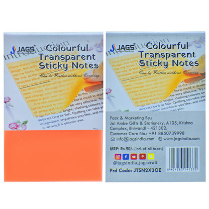 Jags Transparent Sticky Note 50 Sheet 2X3 Orange