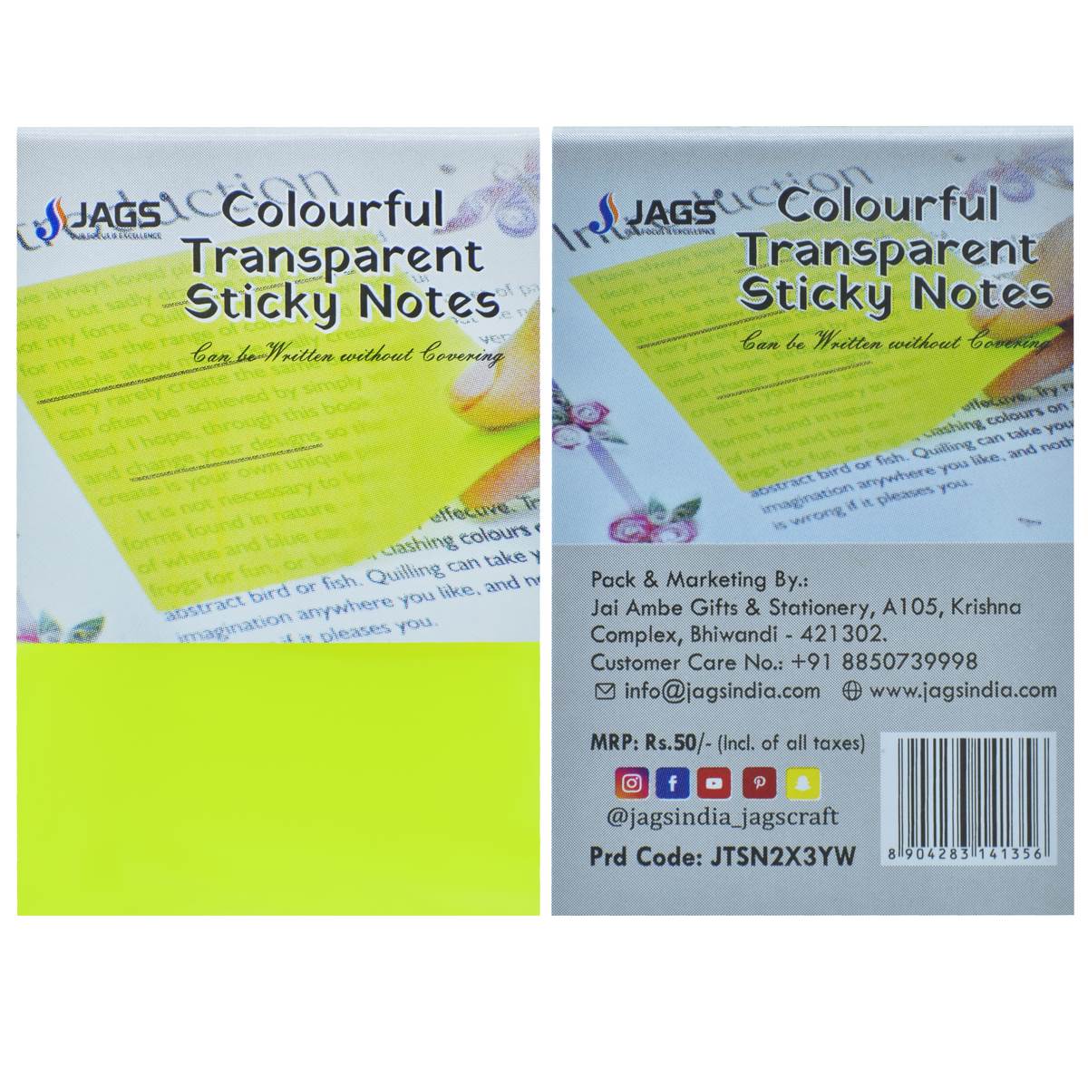 Jags Transparent Sticky Note 50 Sheet 2X3 Yellow