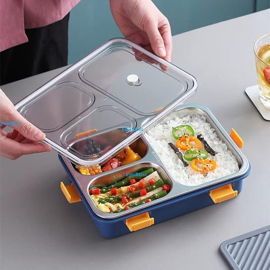 3 Compartment Steel Lunch Box with Spoon & Fork (Gibo) - Gift Hub Mart