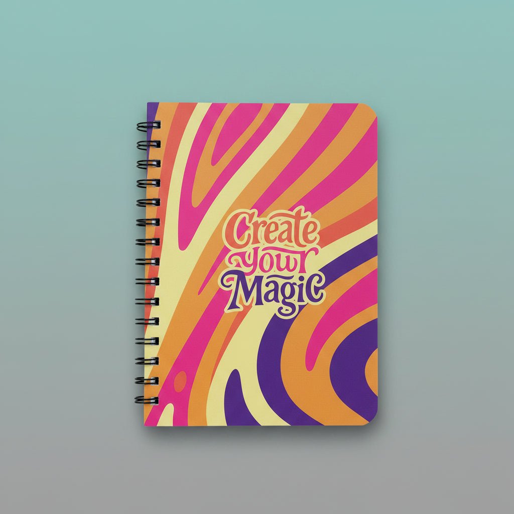 A5 Spiral Notebook by Sundaram: Create Your Magic cover with vibrant pink, orange and yellow stripes.