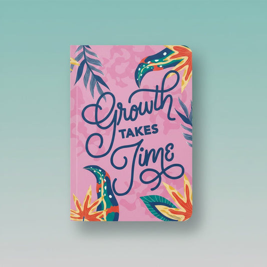 A5 Notebook Growth Takes Time by Sundaram - pink cover with colorful tropical artwork