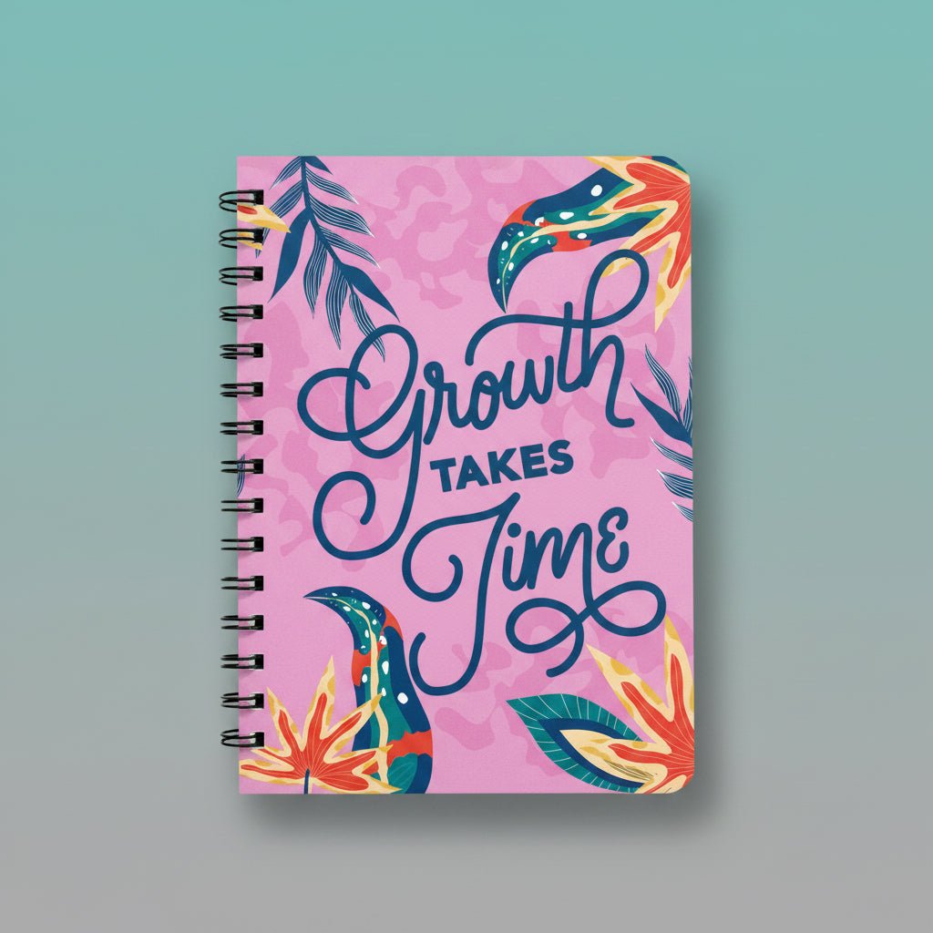 A5 notebook Growth Takes Time by Sundaram, pink cover with spiral binding