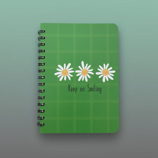Gift Hub Mart A5 spiral notebook Keep On Smiling, green cover with white daisies