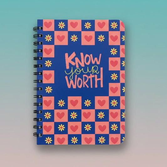 A5 spiral notebook by Sundaram, Keep On Smiling cover with pink-blue checker design, hearts and flowers
