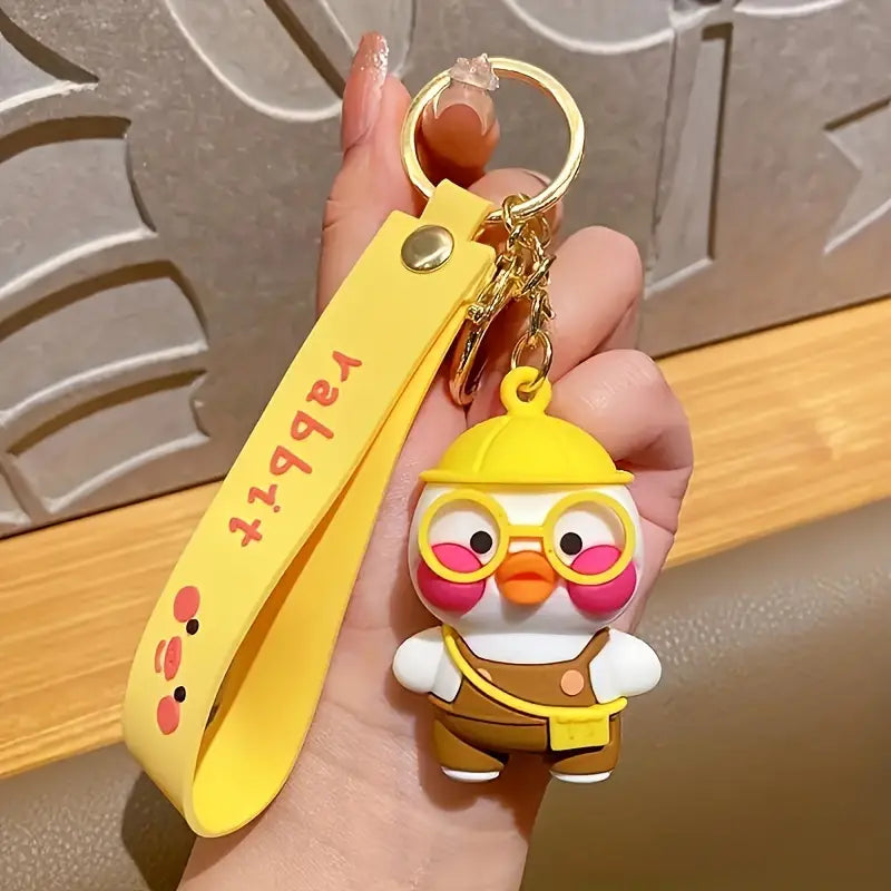 Cartoon Glasses Duck 3D Character Rubber Keychain with Wristband