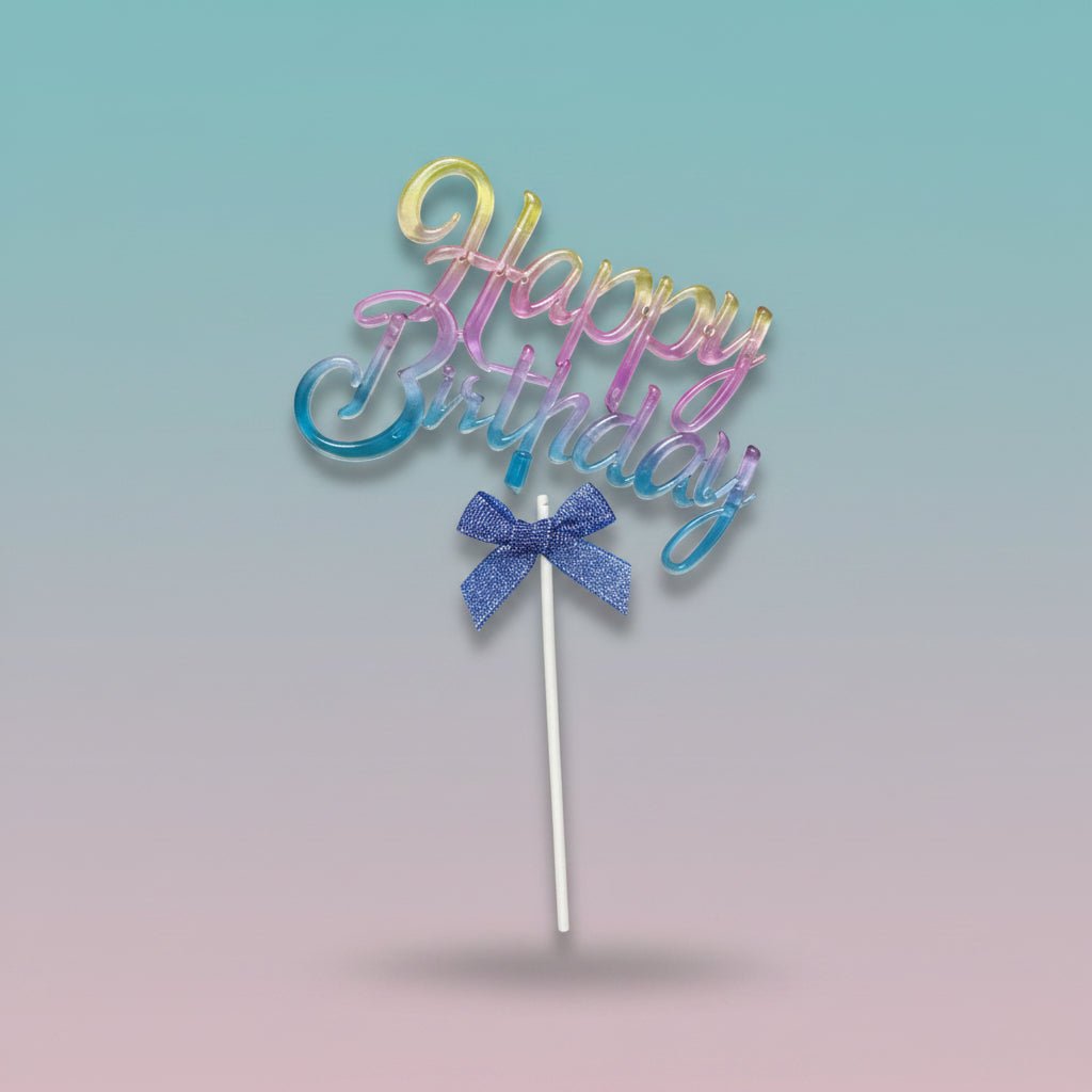 Gift Hub Mart acrylic cake topper for birthday cake in pastel gradient with blue bow, 1 piece