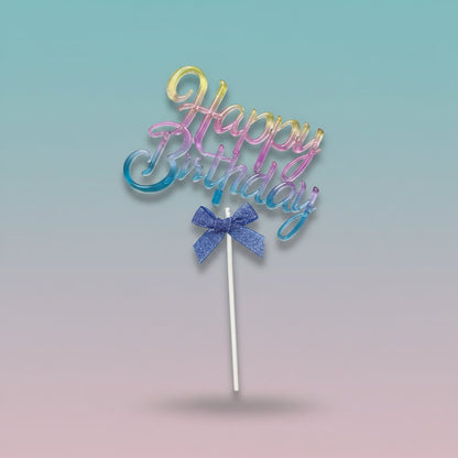 Gift Hub Mart acrylic cake topper for birthday cake in pastel gradient with blue bow, 1 piece